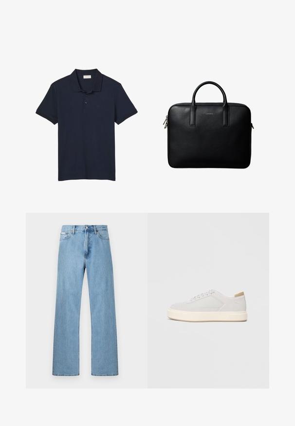 Polo bleu marine à manches courtes avec col et trois boutons, avec un logo discret "cK" sur le côté gauche de la poitrine.; Jean en denim bleu clair coupe droite à cinq poches avec fermeture à boutons à la taille, présenté sur un fond uni.; Baskets gris clair avec une tige synthétique lisse, un bout rond et une semelle intermédiaire texturée couleur crème. Accents beige clair au niveau du talon.; Mallette en cuir noir texturé avec double poignées et tirettes de fermeture éclair argentées, centrée sur fond blanc.