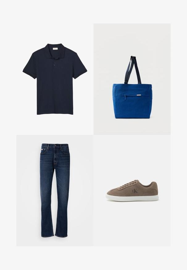 Marineblaues Poloshirt mit kurzen Ärmeln, Kragen und drei Knöpfen, mit dezentem "cK" Logo auf der linken Brust.; Dunkelblaue Denim-Jeans mit geradem Bein-Design, ausgestattet mit fünf Taschen, einem Reißverschluss und Kontrastnähten. Strukturiertes Material mit glatter Oberfläche.; Taupefarbener Wildleder-Low-Top-Sneaker mit beigen Schnürsenkeln, weißer Gummisohle und dezentem "cK"-Logo an der Seite.; Blaue Canvas-Einkaufstasche mit einer vorderen Reißverschlusstasche, doppelten Schulterriemen und rechteckiger Form. Verfügt über ein dezentes Markenlabel.