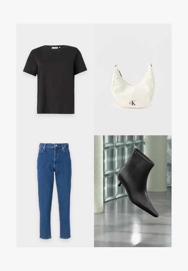 T-shirt en coton noir à manches courtes, avec un col rond et un design simple et épuré. Pas de motifs ou d'ornements visibles.; Jean en denim bleu avec taille haute, fermeture éclair, cinq poches, jambes droites, et une texture légèrement décolorée, avec un ourlet net.; Bottine en cuir noir avec bout pointu et petit talon, présentée devant un mur en blocs de verre et un sol poli.; Petit sac à main blanc en forme de croissant avec une courte bandoulière, fermeture éclair et logo "cK" noir sur le devant.
