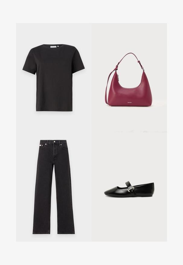 T-shirt en coton noir à manches courtes, avec un col rond et un design simple et épuré. Pas de motifs ou d'ornements visibles.; Jeans noirs à jambes larges en denim, avec une taille haute, une coupe à cinq poches et une fermeture à bouton en métal avec des coutures contrastantes.; Chaussure plate Mary Jane en cuir noir avec bout arrondi et bride à boucle argentée sur fond uni.; Sac à main en cuir bordeaux avec une forme arrondie, une seule bandoulière réglable et une fermeture éclair. Présente un logo argenté à l'avant. Texture lisse.