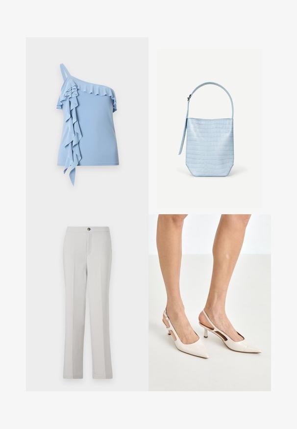 Haut asymétrique bleu clair avec finition à volants le long de l'encolure et volants en cascade sur un côté.; Pantalons droits gris clair en tissu lisse, avec une fermeture à bouton sur le devant, des poches latérales et une coupe ajustée.; Escarpins à talon slingback en cuir verni beige avec un bout pointu et un talon de 5 cm, présentant des côtés découpés et une fine bride à la cheville.; Sac à main bleu clair avec texture crocodile, forme rectangulaire, poignée unique en haut et une bandoulière latérale suspendue sur un fond blanc uni.