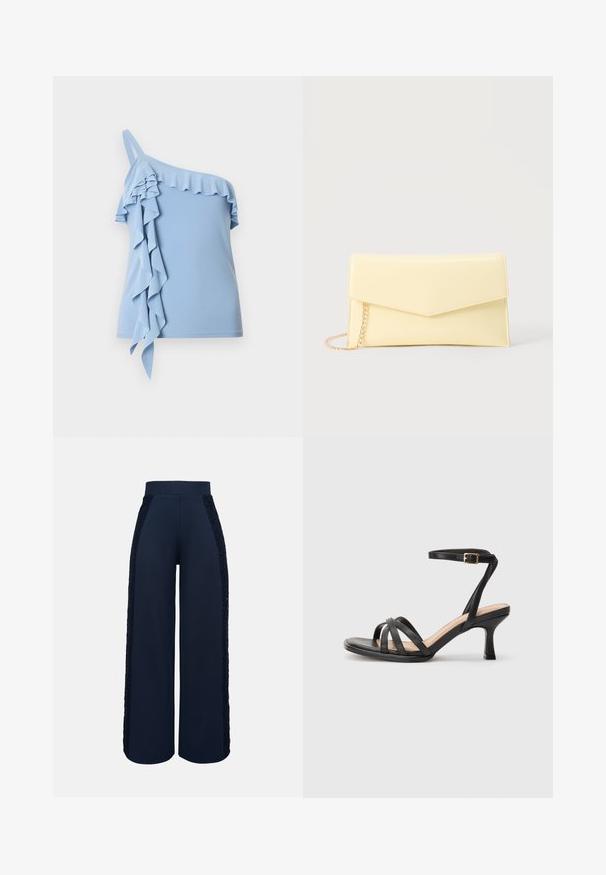 Haut asymétrique bleu clair avec finition à volants le long de l'encolure et volants en cascade sur un côté.; Pantalon large marine avec taille haute et panneaux en dentelle le long des côtés extérieurs des deux jambes.; Sandales à talons noirs avec plusieurs fines lanières sur le bout, une seule lanière à la cheville avec une boucle dorée, et un bout carré.; Pochette rectangulaire jaune pâle avec un rabat pointu et une bandoulière chaîne dorée sur un fond neutre.