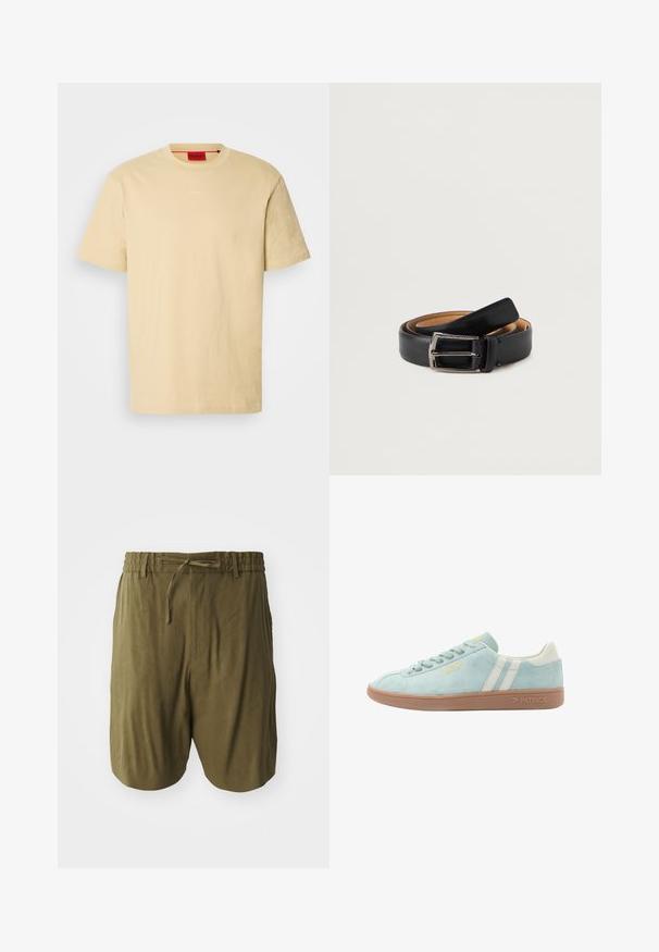 Lys gul bomulds t-shirt med korte ærmer. Har en rund halsudskæring og et subtilt "HUGO" logo på forsiden. Glat tekstur.; Olivengrønne shorts lavet af letvægtsstof, med en elastisk talje med snoretræk og sidelommer for ekstra bekvemmelighed.; Lyseblå ruskindsneaker med beige accenter, gummisål, snørelukning og "PATRICK MONACO" branding på siden.; Sort læderbælte med en glat overflade, der har en sølvfarvet rektangulær spænde og en kontrastfarvet brun indvendig foring.