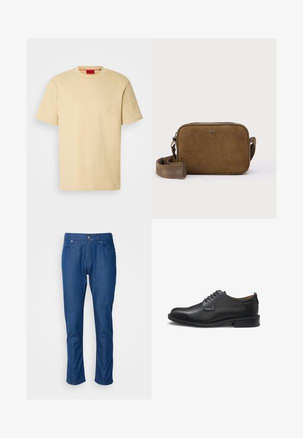 Lys gul bomulds t-shirt med korte ærmer. Har en rund halsudskæring og et subtilt "HUGO" logo på forsiden. Glat tekstur.; Blå denimbukser med lige ben-design, frontlommer og enkelt knaplukning. Glat tekstur med minimal detaljering.; Sort lædersko til mænd med lukkede snørebånd, rund tå, lav hæl og diskret mærkning nær hælen på hvid baggrund.; Brun ruskinds crossbody-taske med en tekstureret overflade, rektangulær form, frontlogo-detalje og justerbar strop af stof. Sølvfarvede metaldele.