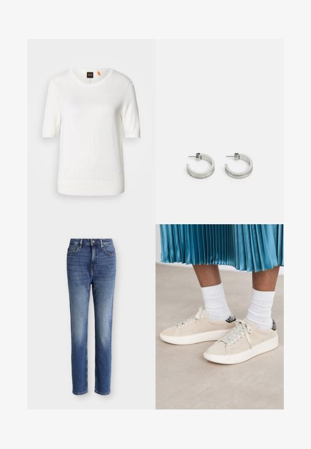 Hvid kortærmet strik-top med rund halsudskæring, ribkant og blød tekstur. Logomærke med orange detalje ved kraven.; Mellemblå højtaljede straight-leg jeans med forlommer, bæltestropper, knappelukning og subtile falmede detaljer på lår og knæ.; Beige ruskindsneakers med en hvid gummisål og snørebåndsdesign. Accentueret med en struktureret sort hælflap. Båret med hvide ribbede sokker.; Sølvøreringe i hoop-stil med en glat overflade og en række små klare sten langs den nederste kant, med en post-back lukning.