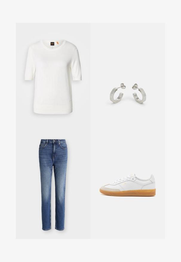 Hvid kortærmet strik-top med rund halsudskæring, ribkant og blød tekstur. Logomærke med orange detalje ved kraven.; Mellemblå højtaljede straight-leg jeans med forlommer, bæltestropper, knappelukning og subtile falmede detaljer på lår og knæ.; Hvide lædersneakers med beige ruskindsdetaljer, gummisål og snøredesign. Har diskret branding i guld.; Sølv metal hoop øreringe med et tekstureret design, der har en lille post bagpå og branding på en af øreringene. Rund form med en poleret overflade.