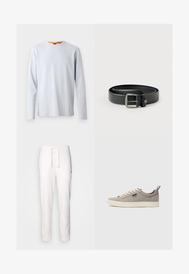 Chemise à manches longues de couleur bleu clair en tissu texturé, avec un col rond et une touche orange au col, présentant un logo discret sur la poitrine.; Jogging en coton blanc avec une taille élastique, un cordon de serrage et des poignets côtelés. Présente un petit logo noir sur le côté.; Baskets en toile grises avec un bout arrondi, lacets beiges et semelle en caoutchouc beige contrastante. Comprend une languette à l'arrière et une étiquette de marque sur le côté.; Ceinture en cuir noir avec une boucle en métal argenté brillante, texture lisse et bords cousus. Dispose d'une boucle pour fixer l'extrémité de la ceinture.