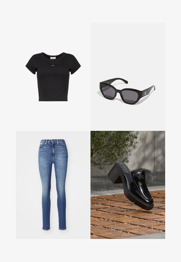 Sort cropped kortærmet ribstrikket T-shirt med rund halsudskæring og lille Calvin Klein-logo patch centreret på brystet.; Smal jeans i mediumblå denim, med høj talje, fem lommer og let falmet effekt. Syning i kanten med standard knap- og lynlåslukning.; Sort læder Calvin Klein slip-on mule med blokhæl, der hviler på trætøj udendørs nær en grøn plante og en grå væg.; Sorte solbriller med et strømlinet, vinklet design, mørke linser og et kontrasterende sølvlogo på siden. Glat plastoverflade.