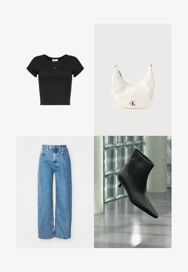 Zwart cropped T-shirt met korte mouwen, geribbeld, met een ronde halslijn en een klein Calvin Klein-logo op het midden van de borst.; Lichtblauwe denim wijde jeans met hoge taille, rafelrand en vijf zakken. De verslete textuur voegt diepte toe aan de stof.; Zwarte leren enkellaars met spits toelopende neus en lage kittenhak, schuin weergegeven tegen een gepolijste vloer en een glazen blokken muur als achtergrond.; Kleine witte handtas in de vorm van een halve maan met een kort hengsel, ritssluiting en zwart "cK" logo aan de voorkant.