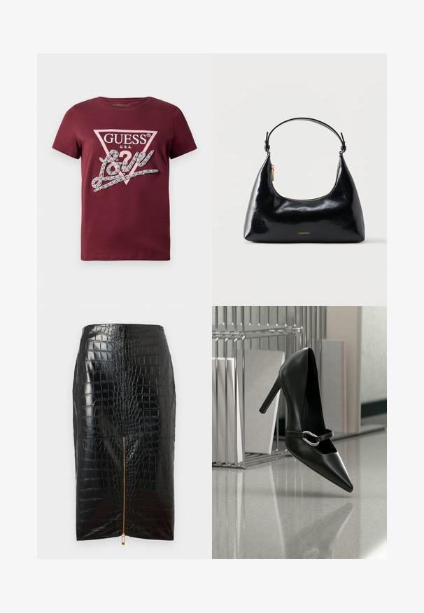 T-shirt bordeaux à manches courtes avec un logo en triangle GUESS USA rose pâle et le texte cursif "Love" orné de strass.; Jupe crayon en simili cuir noir avec une texture crocodile, dotée d'une fermeture éclair centrale dorée et d'une finition lisse.; Chaussure à talon haut noire pointue avec une bride à boucle argentée, placée sur une surface réfléchissante près d’un organiseur métallique contenant des papiers.; Sac à main Calvin Klein noir brillant avec fermeture éclair dorée et anse courte sur fond blanc uni.