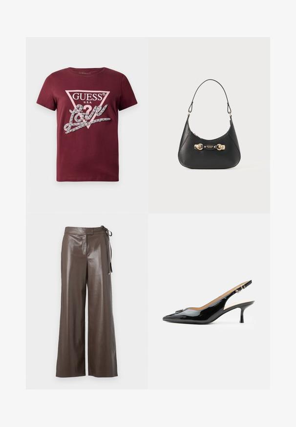T-shirt bordeaux à manches courtes avec un logo en triangle GUESS USA rose pâle et le texte cursif "Love" orné de strass.; Pantalons larges en simili cuir marron avec taille haute et détail de lien sur le côté, sur fond blanc.; Escarpin slingback en cuir verni noir avec bout pointu, petit talon kitten et bride à boucle argentée sur fond blanc uni.; Sac à main en cuir noir avec une silhouette courbée, doté d'une anse supérieure, de quincaillerie dorée et d'un plaque de logo à l'avant. Texture lisse.
