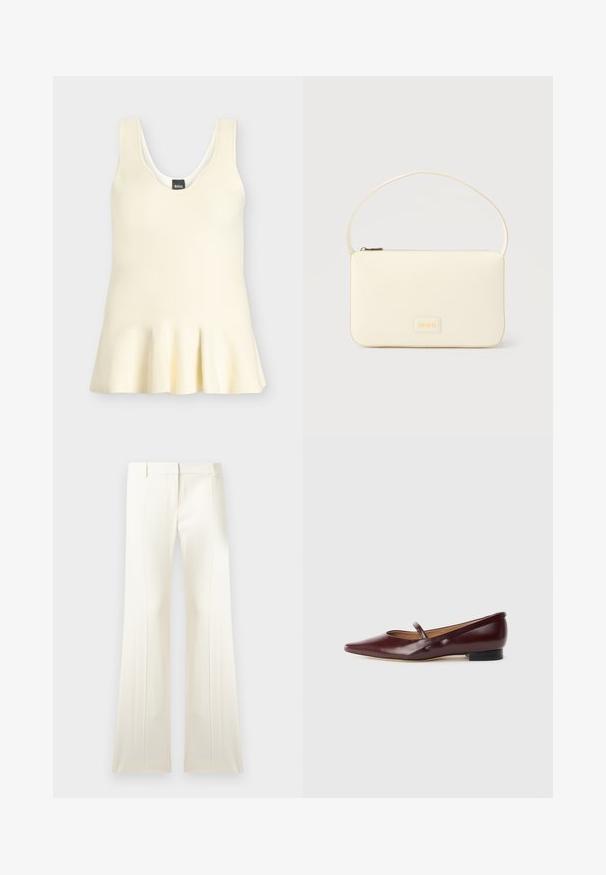 Haut en tricot crème sans manches avec encolure dégagée et ourlet légèrement évasé, avec une étiquette noire avec texte blanc à l'intérieur du col.; Pantalon blanc taille haute, à jambes larges, avec plis sur le devant, passants pour ceinture et fermeture éclair dissimulée à l'avant.; Chaussure plate en cuir verni bordeaux avec un bout pointu et une sangle décorative sur le cou-de-pied. Présente un petit talon noir.; Sac à main rectangulaire de couleur crème avec une seule sangle et une fermeture éclair sur le dessus, comportant une petite plaque de logo embossé à l'avant.