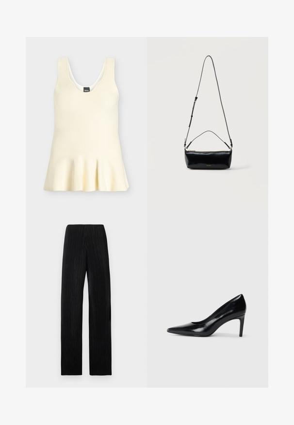 Haut en tricot crème sans manches avec encolure dégagée et ourlet légèrement évasé, avec une étiquette noire avec texte blanc à l'intérieur du col.; Pantalon noir taille haute à jambes larges avec des plis verticaux subtils, présenté à plat sur un fond gris clair.; Chaussure à talon haut en cuir noir avec un bout pointu, texture lisse et un talon effilé. Design minimaliste, sans embellissements supplémentaires.; Sac bandoulière rectangulaire en cuir noir avec bandoulière ajustable, fermeture éclair sur le dessus et petit logo Calvin Klein doré sur le devant.