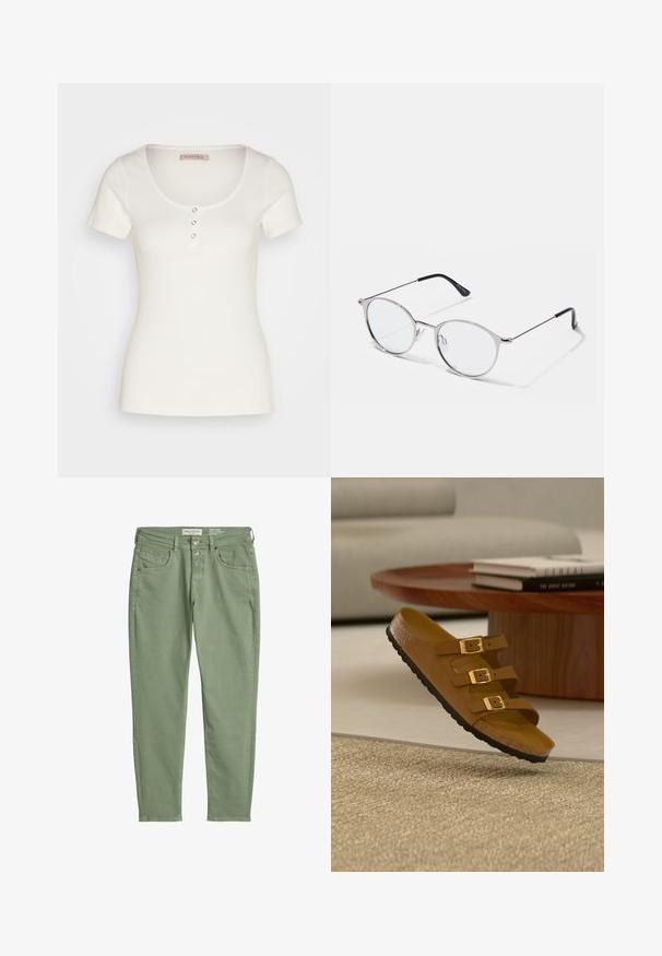 Haut blanc à manches courtes à côtes, avec un décolleté arrondi, doté de trois boutons décoratifs à l'avant. Texture lisse, design ajusté.; Jeans en coton vert clair coupés courts avec poches avant et arrière, passants pour ceinture et fermeture par bouton, posés à plat sur fond blanc.; Sandale brune avec trois boucles dorées, semelle en liège et semelle extérieure noire, flottant au-dessus d'un tapis beige texturé dans un salon.; Lunettes en métal argenté avec des verres ronds et une fine monture. Les embouts de branches noirs offrent un contraste. Plaquettes de nez ajustables incluses.