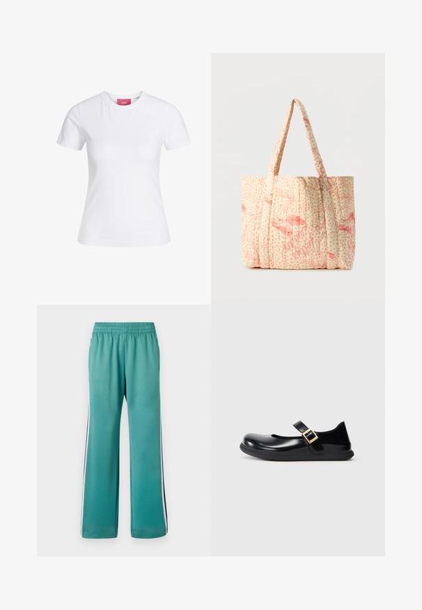 Hvid slimfit t-shirt med korte ærmer og rund halsudskæring med en lyserød JJXX-label indeni kraven, vist mod en ensfarvet baggrund.; Teal sweatpants med elastisk talje, brede ben og sidelister i marineblå og hvid. Glat stof med mat overflade.; Sort patentlæder Mary Jane sko med rund tå, en enkelt rem med en guldbuckle og en struktureret sort gummisål.; Vatteret beige mulepose med røde fjollede illustrationer af fugl, stjerne og fjer samt lange polstrede håndtag.