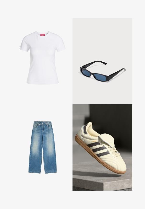 Witte, nauwsluitende T-shirt met korte mouwen en ronde hals, met een roze JJXX-label aan de binnenkant van de kraag, afgebeeld tegen een effen achtergrond.; Wijd uitlopende blauwe spijkerbroek met een vervaagde voorkant, voorzakken en een unieke diagonale knoopsluiting aan de tailleband.; Crème leren sneaker met drie donkere strepen, een bruine gumrubberen zool en een ronde neus. Voorzien van een opvouwbare tong met het label "SAMBA."; Zwarte zonnebril met een slank rechthoekig frame en blauwe lenzen. Heeft een gladde textuur en stevige pootjes. Merklogo aan de zijkant.