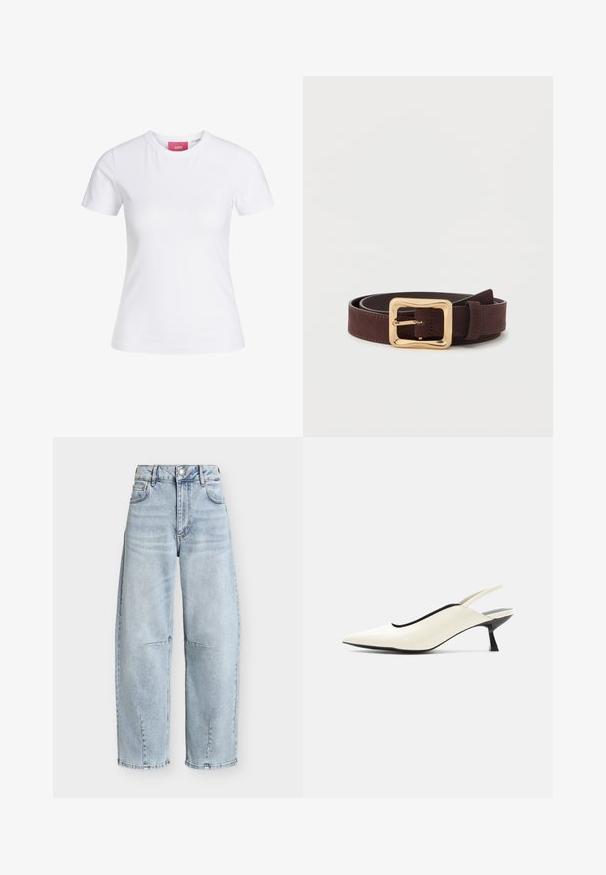 Hvid slimfit t-shirt med korte ærmer og rund halsudskæring med en lyserød JJXX-label indeni kraven, vist mod en ensfarvet baggrund.; Lyseblå, højtaljede jeans med vide ben, forlommer, bæltestropper, knaplukning og subtile sømdetaljer på knæ og kant.; Cremefarvet spids tå slingback-sko med lav sort kittenhæl og glat læderfinish på hvid baggrund.; Mørkebrunt læderbælte med en bred gylden firkantet spænde, samlet fladt på en hvid overflade.