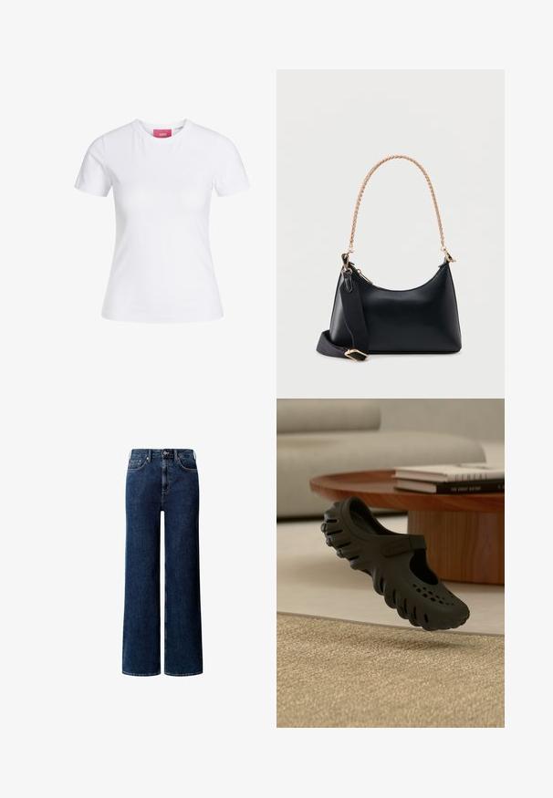 Hvid slimfit t-shirt med korte ærmer og rund halsudskæring med en lyserød JJXX-label indeni kraven, vist mod en ensfarvet baggrund.; Mørkeblå vidde jeans med fem lommer, bæltestropper og lukkes foran med knap og lynlås.; Sort Crocs-klods med ventilationshuller og rem svæver over beige vævet tæppe, træbord med bøger og beige sofa i baggrunden.; Sort tekstureret læderhåndtaske med buet top, guld kædehåndtag, gulddetaljer og aftagelig bred sort stofskulderrem.
