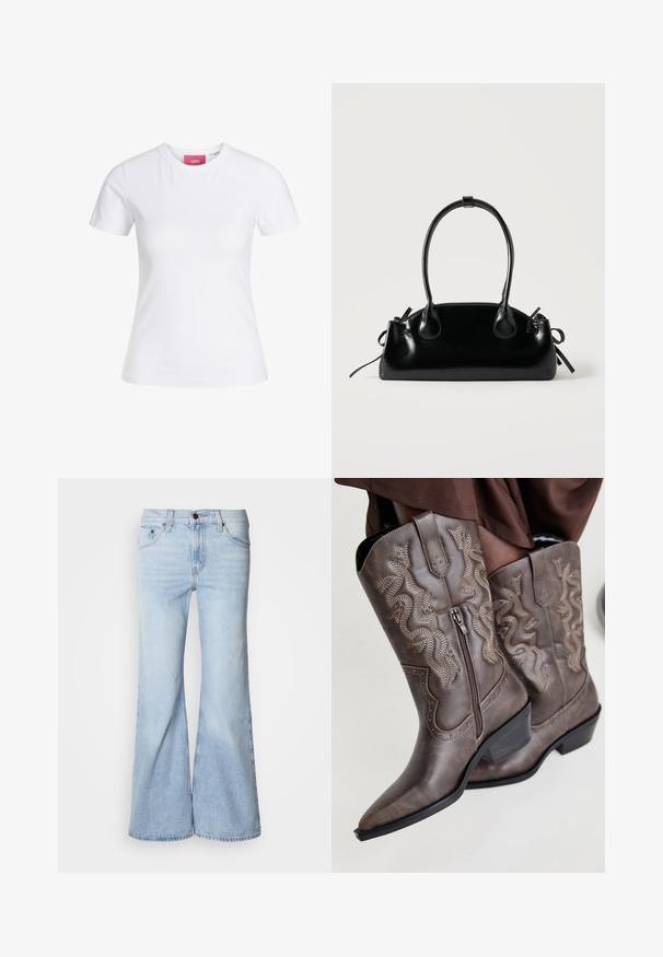 Witte, nauwsluitende T-shirt met korte mouwen en ronde hals, met een roze JJXX-label aan de binnenkant van de kraag, afgebeeld tegen een effen achtergrond.; Lichtblauwe flare jeans met een hoge taille, gemaakt van denim, voorzien van vijf zakken en een knoopsluiting. De pijpen zijn wijd en hebben een licht vervaagde afwerking.; Bruine leren cowboylaarzen met een spitse neus, zijrits en een textuur van een slang in beige, met decoratieve studs langs de randen.; Kleine zwarte glanzende handtas met twee lange hengsels en zijkant trekkoord details op een effen lichte achtergrond.