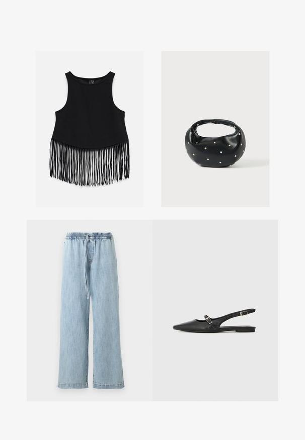 Top court noir sans manches avec de longues franges suspendues à l'ourlet sur fond blanc.; Pantalon large en denim bleu clair avec taille élastique et cordon de serrage, poches avant et coupe décontractée.; Chaussures slingback en cuir noir avec un bout pointu, comprenant une lanière étroite et un accent de boucle argentée sur le côté. Semelle plate.; Sac à main en cuir noir de forme arrondie, décoré de clous argentés et équipé d'une poignée courte. Texture lisse et fermeture éclair.