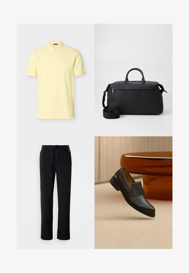 Polo jaune clair à manches courtes avec col et deux boutons, avec petit logo BOSS sur le côté gauche de la poitrine, présenté sur un fond uni.; Pantalon noir et léger avec une coupe droite. Doté d'une taille à cordon de serrage et d'une texture lisse. Convient pour une tenue décontractée.; Mocassin en cuir noir à talon bas flottant au-dessus d'un sol moquetté beige près d'une table ronde marron.; Sac de voyage en cuir noir avec deux poignées supérieures, une bandoulière amovible et une poche avant zippée pour un espace de rangement supplémentaire.