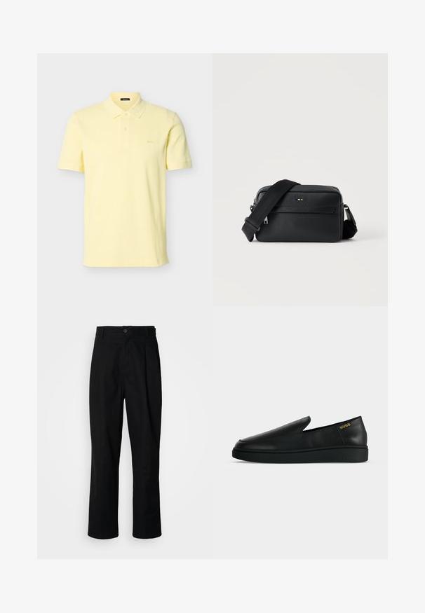 Polo jaune clair à manches courtes avec col et deux boutons, avec petit logo BOSS sur le côté gauche de la poitrine, présenté sur un fond uni.; Pantalons noirs à jambes droites avec une taille à bouton, passants de ceinture et pli avant, présentés sur un fond blanc uni.; Chaussure noire en cuir à enfiler avec semelle épaisse et marquage "HUGO" en or près du talon sur un fond uni gris clair.; Sac bandoulière en cuir noir texturé avec poche avant zippée et bandoulière large en tissu réglable sur fond blanc.
