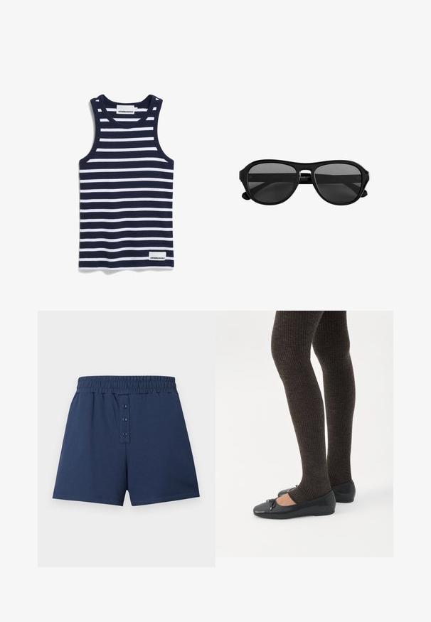 Donkerblauw tanktop met horizontale witte strepen, gemaakt van rekbare stof. Beschikt over een ronde hals en een klein merkje aan de zoom.; Marineblauwe katoenen shorts met elastische tailleband en drieknoopssluiting aan de voorkant, weergegeven op een effen lichte achtergrond.; Benen met donkere geribbelde leggings gecombineerd met zwarte ballerina's met kleine strikdetails op een witte achtergrond.; Zonnebril met zwart kunststof montuur, donkere getinte lenzen en een smalle brug, gezien van voren tegen een witte achtergrond.