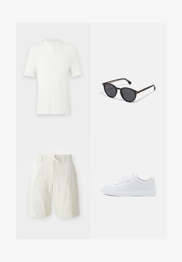 Polo blanc à manches courtes avec une texture côtelée, un col et une fermeture à un bouton en haut.; Shorts beige clair en tissu doux et texturé. Dotés d'une taille élastique avec cordon de serrage et d'une poche avant unique.; Baskets blanches en cuir avec une texture lisse, bout rond et coutures tonales. Possède des lacets bleus et un logo doré sur le côté.; BOSS Lunettes de soleil - black