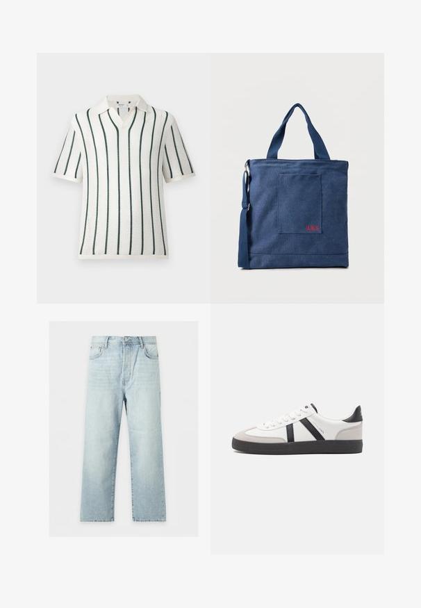 Polo en maille blanche à manches courtes avec des rayures verticales vert foncé et un col doux, présenté sur un fond uni clair.; Jean bleu clair à jambes larges avec cinq poches, fermeture par bouton et zip, et lavage légèrement délavé, posé à plat sur un fond blanc.; Baskets blanches avec des accents noirs et gris, présentant un embout texturé gris, une semelle en caoutchouc noir et des lacets plats blancs. Design épuré, style minimaliste.; Sac fourre-tout en toile bleue avec poche frontale et broderie rouge "O.N.S", doté de doubles poignées et d'une bandoulière réglable.
