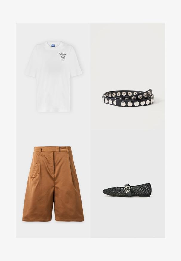 Λευκό κοντομάνικο T-shirt με μια μικρή μαύρη πεταλούδα και καλλιγραφικό κείμενο «Maybe» και «Hugo» στην άνω αριστερή περιοχή του στήθους.; Καφέ σορτς μέχρι το γόνατο με πλαϊνές τσέπες και θηλιές για ζώνη, κατασκευασμένα από ομαλό ύφασμα, εμφανίζονται σε απλό ανοιχτό γκρι φόντο.; Μαύρα μπαλέτα από δίχτυ με μυτερό μπροστινό μέρος, διαθέτουν επίπεδη φτέρνα και λουράκι με πόρπη γύρω από τον αστράγαλο· υφή με υφαντό σχέδιο.; Μαύρη ζώνη με δύο σειρές μεγάλων στρογγυλών ασημένιων καρφιών, τυλιγμένη σε απλό λευκό φόντο.
