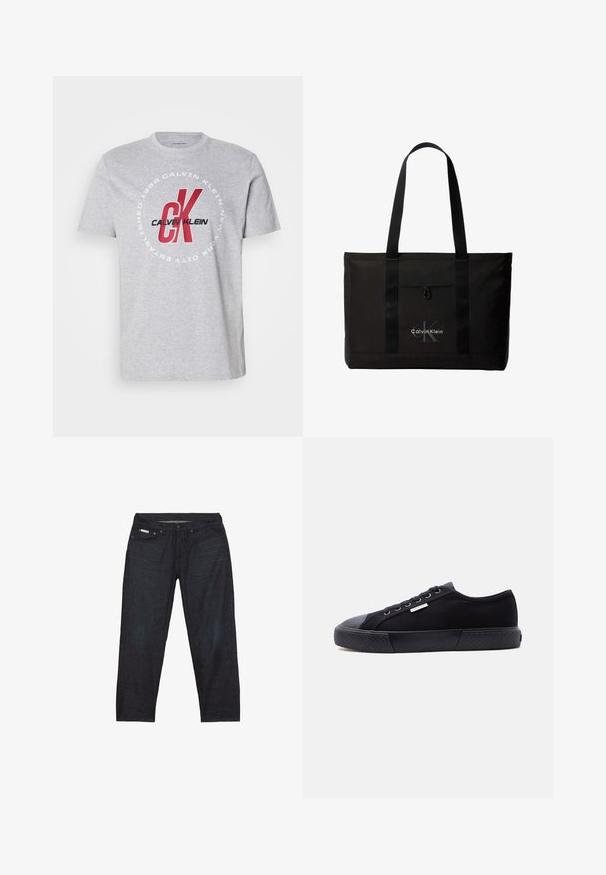 Grå bomulds t-shirt med rund halsudskæring, korte ærmer og et centralt grafik med "Calvin Klein" og "CK" i rød og sort.; Mørkeblå denimjeans med et lige ben, der har fem lommer og minimal syning for et rent udseende.; Sort lavt canvas-sneaker med gummisål, snørebånd foran og lille metal Calvin Klein-logo på siden.; Sort Calvin Klein tote taske med to lange håndtag og lomme foran, med mærkets logo i hvid og grå.