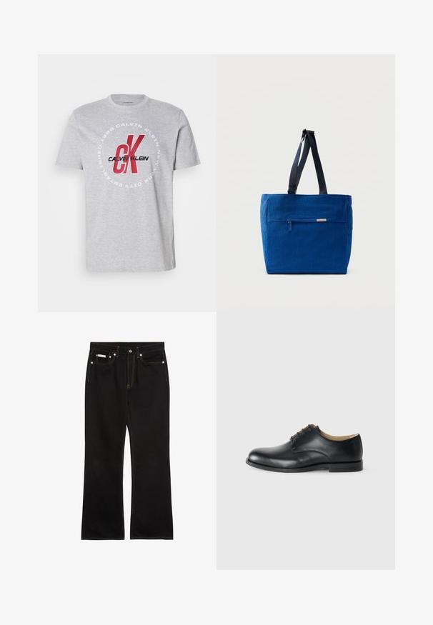 Graues Baumwoll-T-Shirt mit Rundhalsausschnitt, kurzen Ärmeln und einem zentralen Grafikdesign mit "Calvin Klein" und "CK" in Rot und Schwarz.; Schwarze Jeans mit geradem Bein, oranger Naht, fünf Taschen, Knopfverschluss und kleinem Calvin Klein-Label auf der vorderen rechten Tasche.; Calvin Klein ESS DERBY - Schnürer - triple black; Blaue Canvas-Einkaufstasche mit einer vorderen Reißverschlusstasche, doppelten Schulterriemen und rechteckiger Form. Verfügt über ein dezentes Markenlabel.