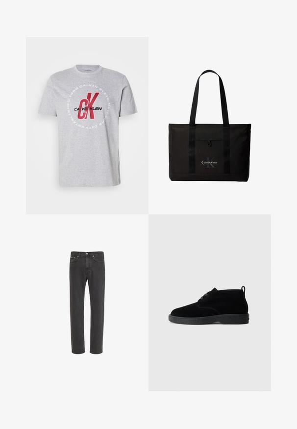 Camiseta de algodón gris con cuello redondo, mangas cortas y un gráfico central con "Calvin Klein" y "CK" en rojo y negro.; Vaqueros negros de corte recto con cierre delantero de botón y cremallera, bolsillos delanteros y traseros, mostrados sobre fondo blanco.; Botas de tobillo de ante negro con punta redondeada, diseño de cordones, suela de goma negra y una lengüeta en la parte trasera para facilitar su uso.; Bolso tote negro de Calvin Klein con dos asas largas y bolsillo delantero, con el logo de la marca en blanco y gris.