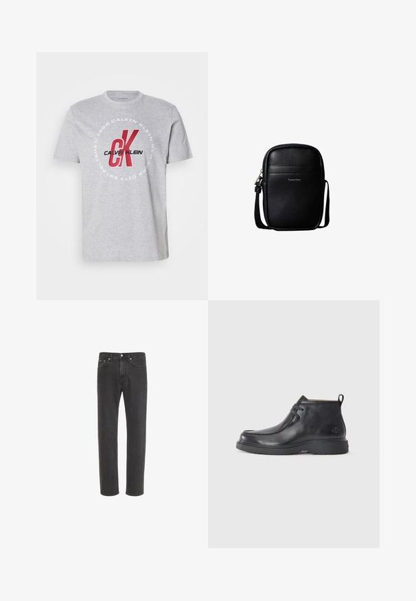 Grå bomulds t-shirt med rund halsudskæring, korte ærmer og et centralt grafik med "Calvin Klein" og "CK" i rød og sort.; Sorte jeans med lige ben i denim med knap- og lynlås-lukning foran, for- og baglommer, vist på hvid baggrund.; Sorte læder ankelstøvler med rund tå, snørelukning og en løkke bagpå. Tekstureret overdel og gummisål.; Sort tekstureret læder kompakt crossbody taske med syninger foran og "Calvin Klein" logo, der har en justerbar skulderrem.