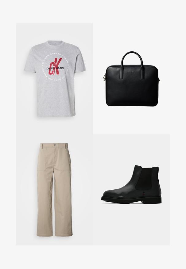 Grå bomulds t-shirt med rund halsudskæring, korte ærmer og et centralt grafik med "Calvin Klein" og "CK" i rød og sort.; Beige bukser med vide ben lavet af bomuld; har forlommer, knaplukning og synlig syning langs kanterne.; Sort læder Chelsea-støvle med elastiske sidepaneler, rund tå og tekstureret overdel. Har en flad gummisål og diskret mærkedetalje.; Sort tekstureret lædermappe med dobbelte håndtag og sølv lynlås, centreret på hvid baggrund.