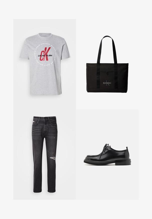 Grijze katoenen t-shirt met ronde hals, korte mouwen en een centrale afbeelding met "Calvin Klein" en "CK" in rood en zwart.; Zwarte denim jeans met een rechte pijp, verwerkte details bij de knie, vijf-pocket styling en een subtiele vervaagde afwerking.; Calvin Klein LACE UP APRON BRUSH OFF - Veterschoenen - black; Zwarte Calvin Klein totebag met twee lange handvatten en een voorvak, met het logo van het merk in wit en grijs.
