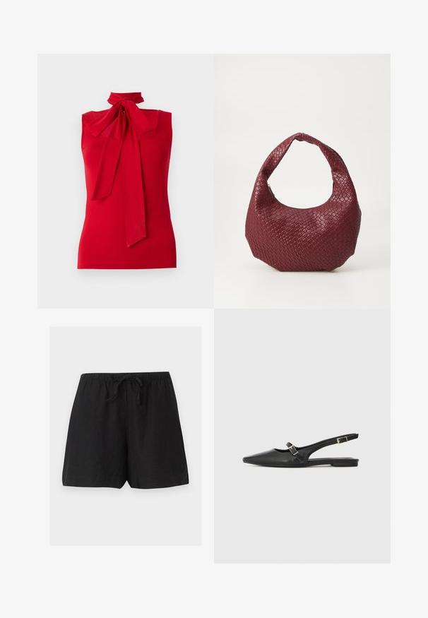 Top sin mangas rojo con cuello alto y detalle de lazo. Tela suave con un diseño entallado, sin patrones ni herrajes visibles.; Pantalones cortos casuales negros con cintura elástica y cordón, fabricados con tela ligera, mostrados sobre un fondo liso.; Zapatos slingback de cuero negro con punta afilada, que cuentan con una correa estrecha y un detalle de hebilla plateada en el lateral. Suela plana.; Bolso de mano burdeos tejido con una silueta redondeada, un solo asa y un acabado texturizado. Cierre con cremallera en la parte superior.