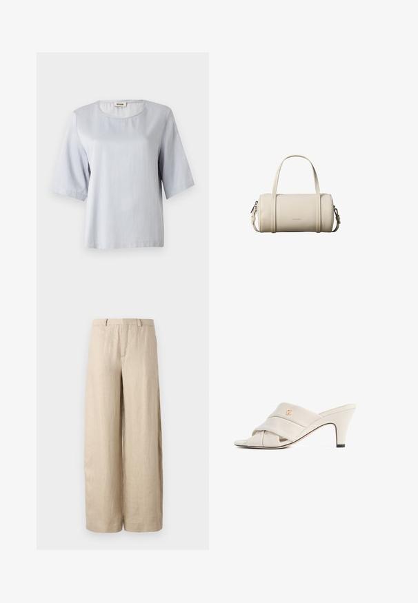 Haut gris clair à manches courtes avec un col rond, en tissu doux. Design simple avec une coupe ample, présentant des bords nets et sans ornements.; Pantalon large beige en lin. Dispose d'un pli avant, de deux poches latérales et d'une taille avec passants de ceinture. Texture lisse.; Mules à talons hauts beiges avec un design de bride en cuir torsadé, bout ouvert et motif de logo en relief. Le talon présente un détail d'embout noir.; Petit sac à main cylindrique beige en cuir avec deux poignées, une bandoulière amovible et le logo Calvin Klein à l'avant.