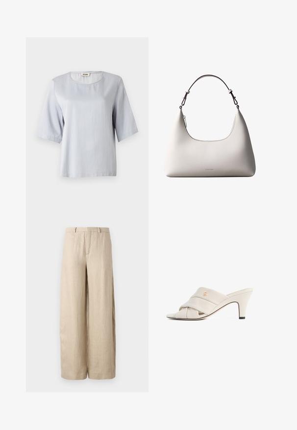Top corto de manga corta en gris claro con un escote redondo, hecho de una tela suave. Diseño simple con un corte holgado, que presenta bordes limpios y sin adornos.; Pantalones anchos color beige, hechos de lino. Presentan un pliegue frontal, dos bolsillos laterales y una cinturilla con pasadores para cinturón. Textura suave.; Mules de tacón alto beige con diseño de tira de cuero torcida, punta abierta y detalle de logotipo en relieve. El tacón tiene un detalle en punta negra.; Bolso de hombro de cuero color crema de Calvin Klein con borde superior curvado, cremallera plateada y correa ajustable marrón oscuro.