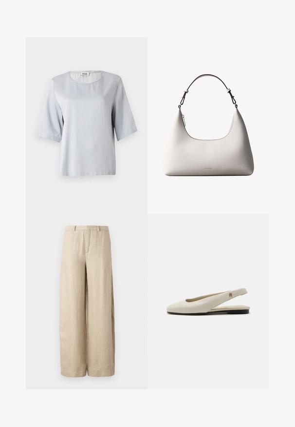 Top corto de manga corta en gris claro con un escote redondo, hecho de una tela suave. Diseño simple con un corte holgado, que presenta bordes limpios y sin adornos.; Pantalones anchos color beige, hechos de lino. Presentan un pliegue frontal, dos bolsillos laterales y una cinturilla con pasadores para cinturón. Textura suave.; Zapato plano slingback de cuero color crema con puntera redondeada y pequeño emblema dorado en la correa.; Bolso de hombro de cuero color crema de Calvin Klein con borde superior curvado, cremallera plateada y correa ajustable marrón oscuro.