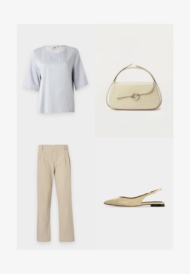 Top corto de manga corta en gris claro con un escote redondo, hecho de una tela suave. Diseño simple con un corte holgado, que presenta bordes limpios y sin adornos.; Pantalones de pierna ancha beige hechos de una mezcla de algodón; presentan pliegues en la parte frontal, corte recto y presillas para cinturón. Textura suave, sin patrones.; Zapato plano beige con puntera puntiaguda, diseño slingback, tacón bajo negro y acabado en cuero liso, mostrado de perfil sobre un fondo liso.; Bolso de mano de cuero beige con solapa curva, cierre circular plateado y asa corta superior sobre un fondo blanco liso.