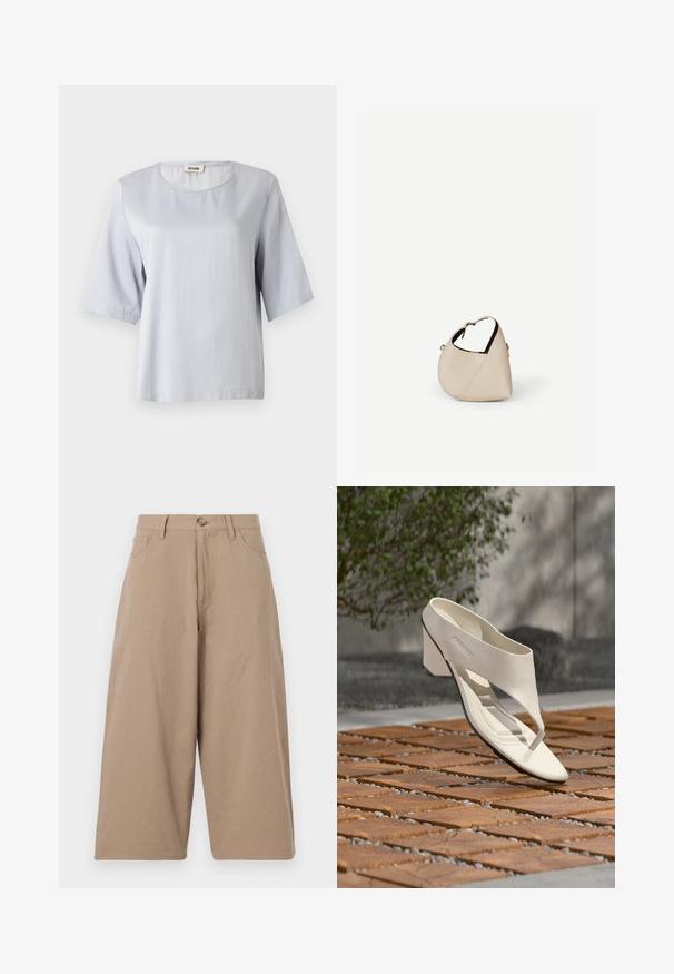 Haut gris clair à manches courtes avec un col rond, en tissu doux. Design simple avec une coupe ample, présentant des bords nets et sans ornements.; Pantalons larges kaki en coton, dotés d'une taille haute, de poches frontales et d'une fermeture à bouton unique. Texture lisse et coupe droite.; Sandale à talon en cuir blanc avec une large bride et un entre-doigts, exposée en extérieur sur une surface carrelée en bois et en gravier avec de la verdure en arrière-plan.; Sac à main en cuir beige en forme de croissant avec une seule bandoulière et des coutures minimalistes, posé sur un fond blanc uni.