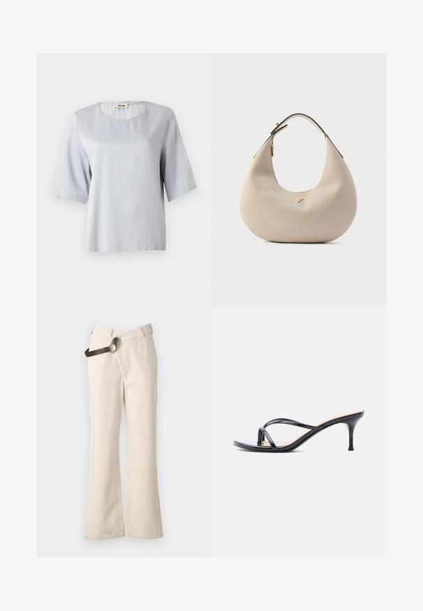 Top corto de manga corta en gris claro con un escote redondo, hecho de una tela suave. Diseño simple con un corte holgado, que presenta bordes limpios y sin adornos.; Pinko PAINT PANTALONE - Pantalones - beige betulla; Sandalia de tacón de charol negro con tiras finas cruzadas y un tacón de aguja delgado de altura media, sobre un fondo blanco.; Bolso hobo de cuero beige con textura suave, forma redondeada y una sola correa negra. Presenta un detalle de herrajes en tono dorado.