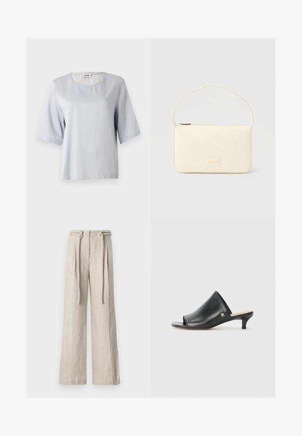 Top corto de manga corta en gris claro con un escote redondo, hecho de una tela suave. Diseño simple con un corte holgado, que presenta bordes limpios y sin adornos.; Pantalones de pierna ancha en lino beige claro con una cintura alta, pliegues frontales y un detalle de cinturón atado. Textura suave y ajuste relajado.; Mules de cuero negro de punta abierta con un tacón bajo. Presentan una superficie lisa y un acento del logo dorado en el costado.; Bolso rectangular color crema con una sola correa y cremallera superior, con una pequeña placa de logotipo en relieve en el frente.