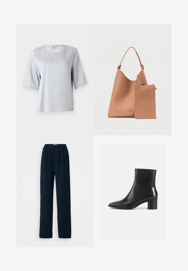 Top corto de manga corta en gris claro con un escote redondo, hecho de una tela suave. Diseño simple con un corte holgado, que presenta bordes limpios y sin adornos.; Good American LUXE SUITING COLUMN TROUSER - Pantalones - new navy; Bota de tobillo de cuero negro con punta puntiaguda y tacón de bloque de altura media. Textura lisa y diseño minimalista. Sin herrajes visibles.; Bolso tote marrón de cuero sintético con forma curva, una sola correa para el hombro y un pouch con cremallera desmontable. Marca dorada en la parte frontal.
