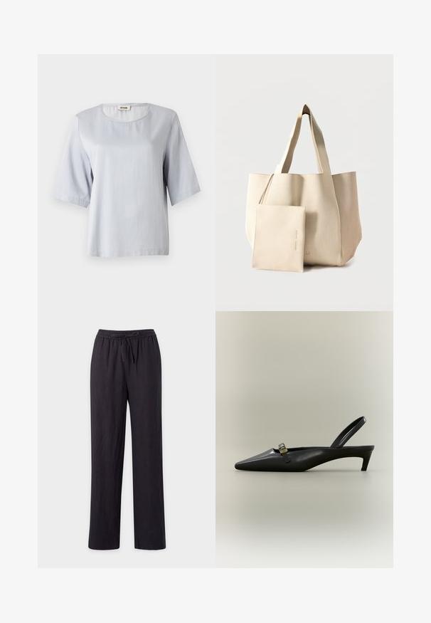 Top corto de manga corta en gris claro con un escote redondo, hecho de una tela suave. Diseño simple con un corte holgado, que presenta bordes limpios y sin adornos.; Pantalones negros, ligeros, de pierna recta con una cintura elástica y cordón. Textura suave, sin patrones visibles ni herrajes.; Zapato de tacón bajo tipo kitten en piel negra con talón descubierto, punta puntiaguda y hebilla pequeña color dorado sobre un fondo liso.; Bolso tote grande beige con textura acanalada y bolsa desmontable a juego con cremallera en la parte delantera sobre un fondo liso.