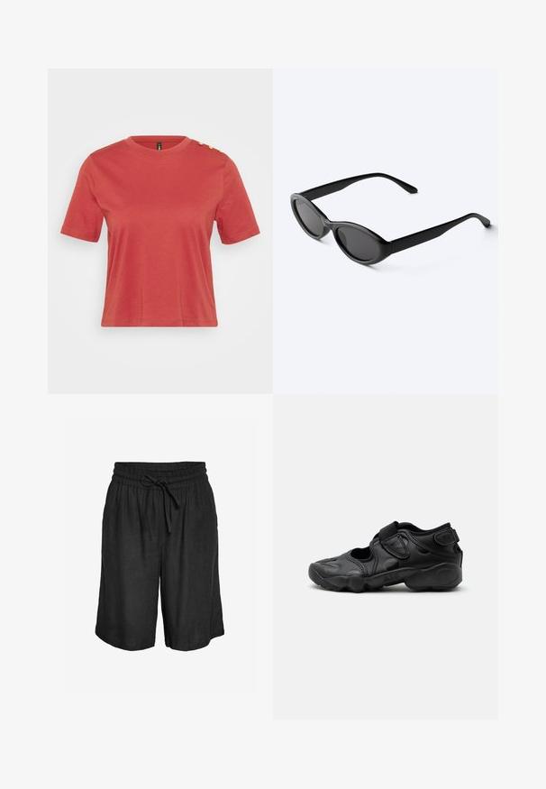 Koraalrood t-shirt met korte mouwen, gemaakt van katoen, met een ronde hals en drie gouden knopen op de linkerschouder. Soepele textuur.; Zwarte losse knielange shorts met elastische tailleband en vooraan gestrikte trekkoorden, gemaakt van lichtgewicht stof.; Zwarte sportieve sandaal met gesloten neus, klittenbandriemen op de middenvoet en hiel, en een dikke gewatteerde zool met de tekst "AIR" aan de zijkant.; Strakke zwarte ovale zonnebril met donkere glazen en rechte pootjes, rustend op een wit oppervlak.