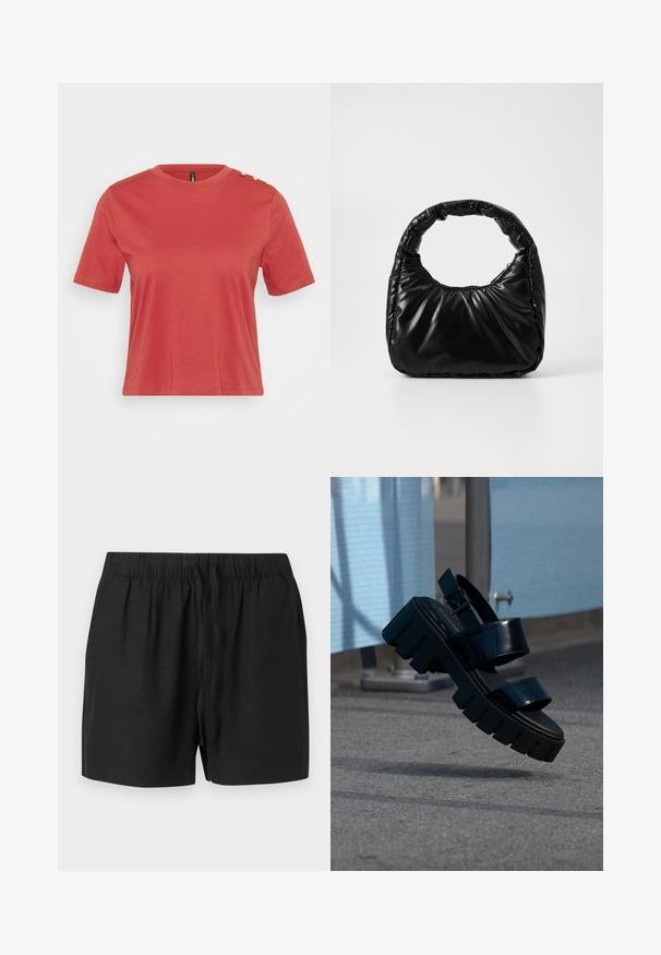 Koraalrood t-shirt met korte mouwen, gemaakt van katoen, met een ronde hals en drie gouden knopen op de linkerschouder. Soepele textuur.; Zwarte casual shorts met elastische tailleband en trekkoord aan de voorkant, gemaakt van lichtgewicht stof, afgebeeld tegen een neutrale achtergrond.; Zwarte chunky platform sandaal met twee banden en gesp, zwevend in de lucht boven grijze bestrating en een blauwe stoffen achtergrond.; Zwarte gevoerde handtas met een ronde handgreep, met een gladde, glanzende oppervlakte en een zachte, gewatteerde textuur. Geen zichtbare metalen onderdelen of accenten.