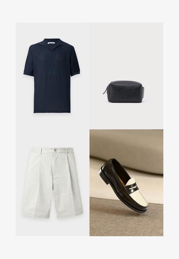 Samsøe Samsøe SATRAVIS POLO - Pikeepaita - salute; Vaaleanharmaat shortsit, tehty rakenteisesta kankaasta. Ne on varustettu napillalla, laskoksilla ja suoralla leikkauksella, ja sopivat rentoon käyttöön.; Musta nahkainen loafer, jossa on vaniljanvärinen vamp ja mustat korostusraidat, varustettuna matalalla korolla ja yksityiskohtaisilla ompeluilla reunoilla.; Musta, suorakaiteen muotoinen nahkainen toilettilaukku, jossa vetoketju ja kohokuvioitu merkkinimi edessä, valkoista taustaa vasten.