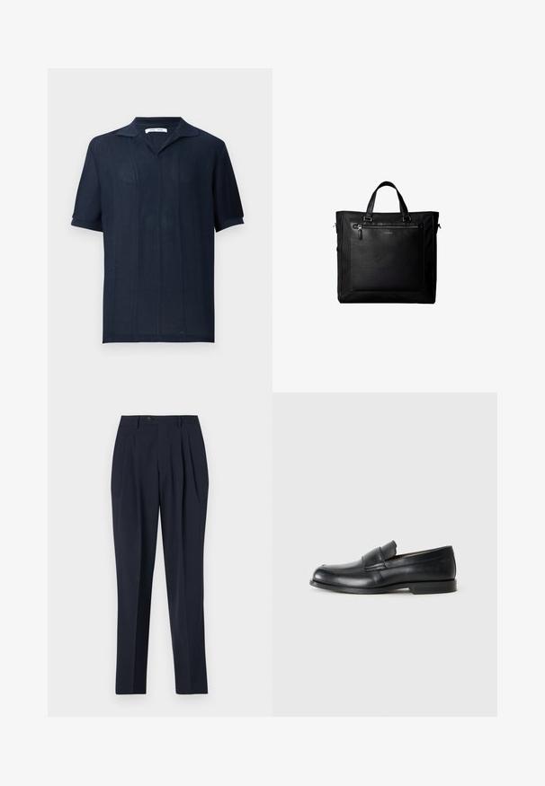 Samsøe Samsøe SATRAVIS POLO - Polo - salute; Pantalones de marine con cintura alta, frente plisado y cierre de botón único. La tela parece suave con un ajuste entallado y un diseño de pierna recta.; Mocasines de cuero negro con punta redondeada, detalles cosidos y suela plana de goma. Presentan una banda ancha sobre el empeine.; Bolsa tote negra con asas dobles, gran bolsillo delantero de cuero con cremallera y sutil logo de Calvin Klein en el centro del bolsillo.